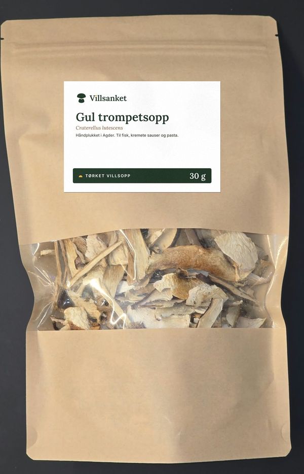 Pose med tørket gul trompetsopp